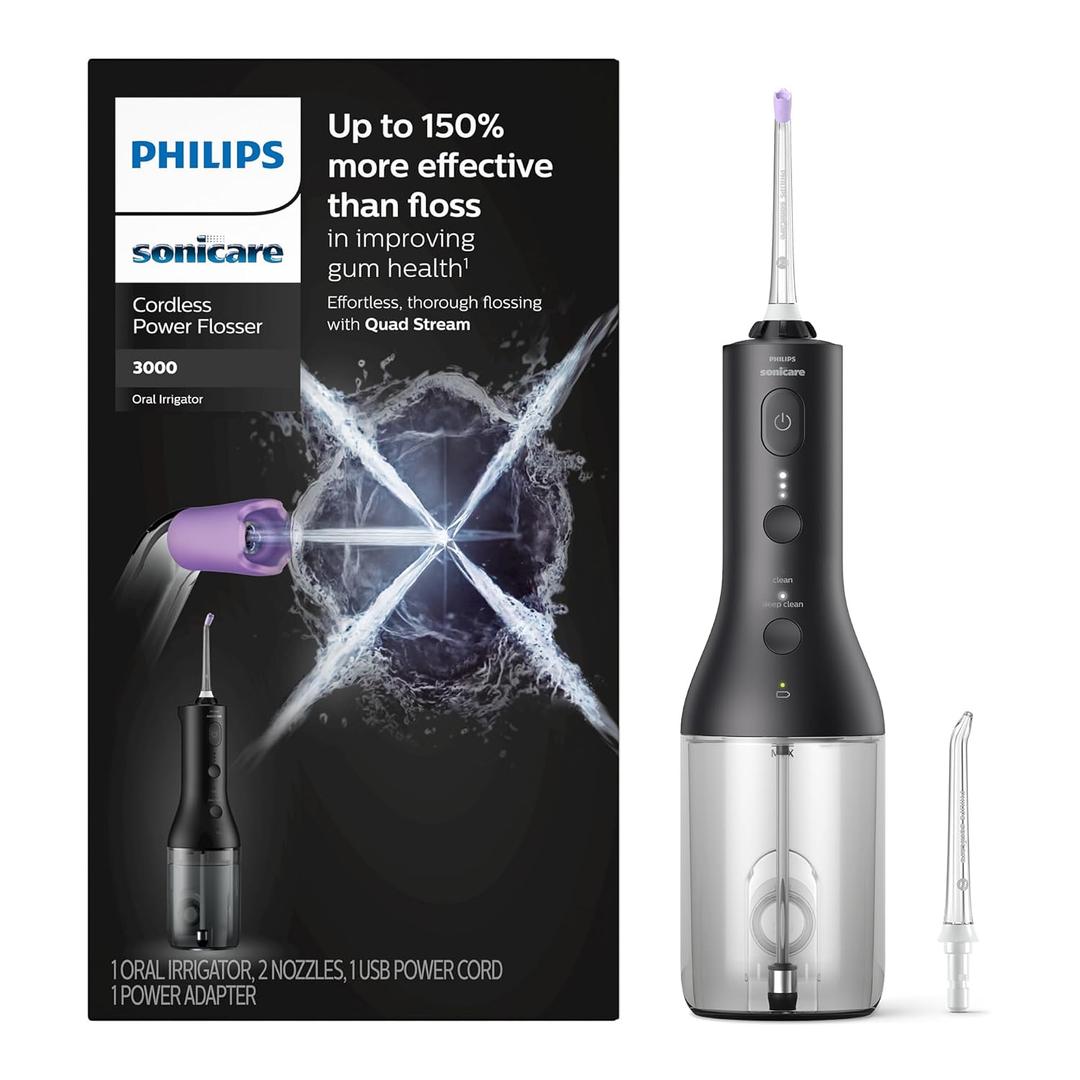 Philips Sonicare Cordless Power Flosser 3000, Water Flosser with Innovative Quad Stream Technology, Oral Irrigator with 2 Flossing Modes and 3 Intensity Levels, Ergonomic Design, Black, HX3826/23
