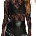 Women's Lace Long Sleeve Tops Mesh Sheer Blouse See Through Floral Concert Outfits Party Lace Undershirt (Black, XL)