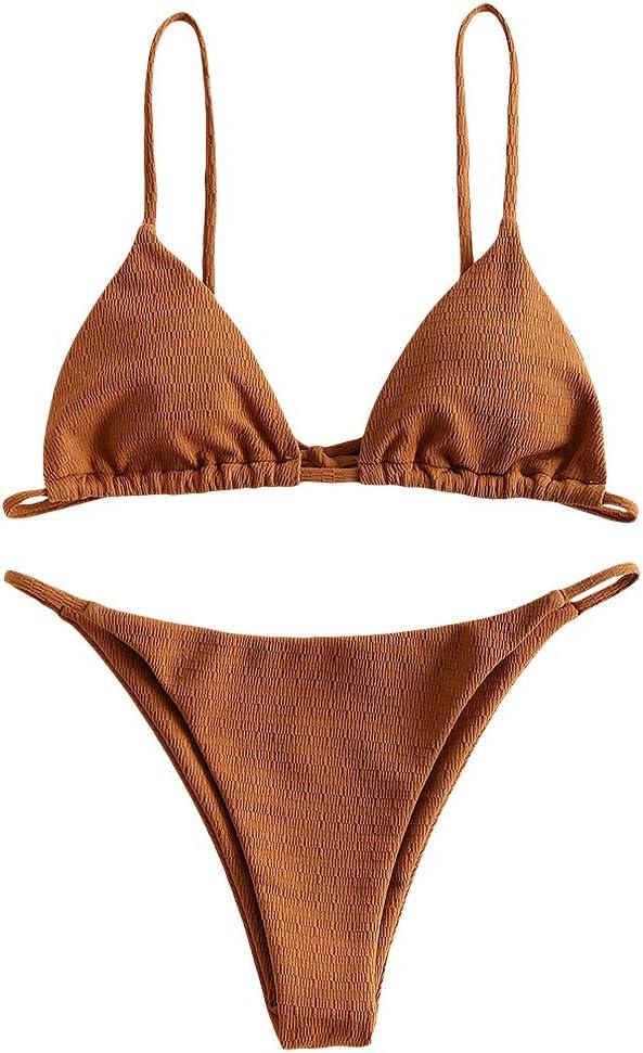 ZAFUL Women's Sexy Triangle Bikini Set Cami String Swimwear Texture High Cut Thong Swimsuit Cheeky Two Piece Bathing Suit (Coffee, XS)