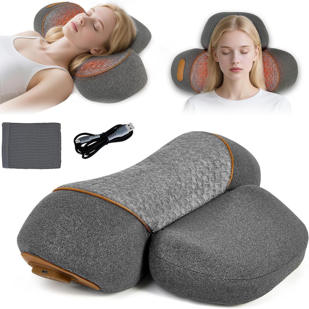 3-in-1 Neck Massager Pillow with Heating & Cervical Traction, Ergonomic Cervical Pillow for Neck Back Shoulder Pain Relief,Cervical Traction Suppor (Gray)