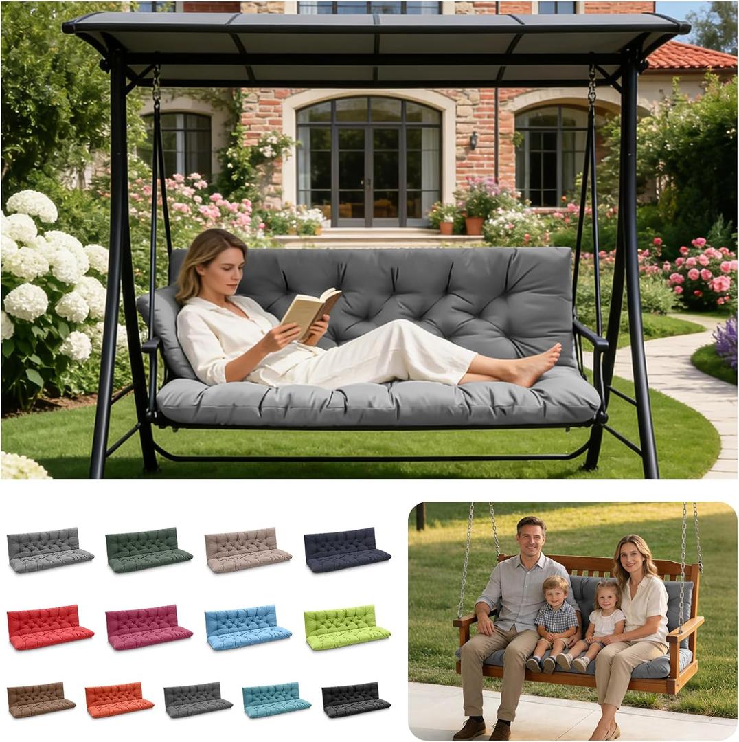 Porch Swing Cushions, Outdoor Swing Replacement Cushions 3 Seater with Backrest, Waterproof Bench Cushion with Ties, for Patio, Porch, Garden ,Backyard,  60x 40 inches (Silver Gray)