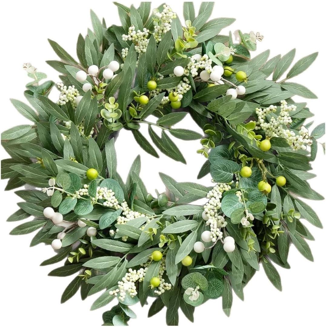 20 Inch Olive Leaf Wreath for Front Door & Porch - All-Weather Outdoor Decor with Artificial Leaves Mixed Berry Wreaths, Farmhouse Greenery for Entryway, Patio & Front Porch
