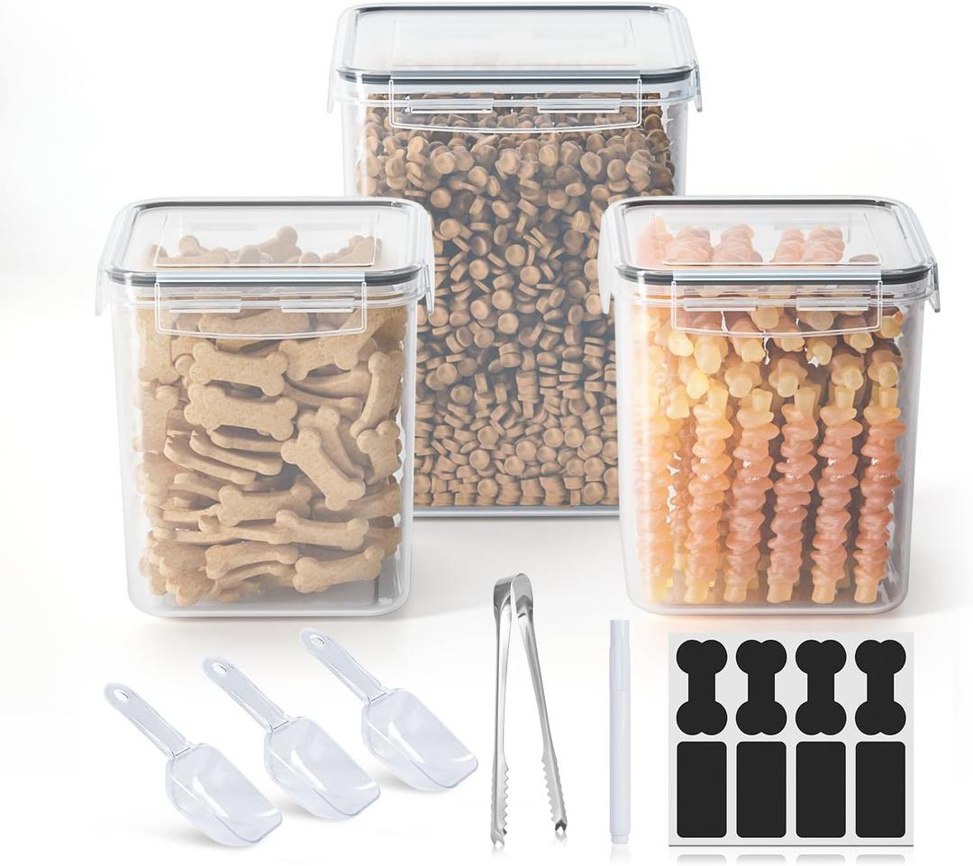 Dog Treat Storage Container Airtight for Countertop, Dog Treat Jar with Lid for Food Storage Organizer, 3 Pack Pet Food Holder for Kitchen with Scoops, Gift for Pet Owners