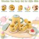 Wooden Tea Party Set for Little Girls, Toddler Tea Set with Cupcake Stand & Food Dessert, Pretend Play Food Kitchen Accessories for Kids Girls Age 2 3 4 5 6 Birthday Gift Wood Educational Toys