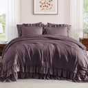 AMBERSPACE King Size Comforter Set Dark Purple, Ruffle Shabby Chic Bedding Set Farmhouse 7 Pieces, All Season Fluffy Bed in a Bag with Sheets, Pillowcases & Shams