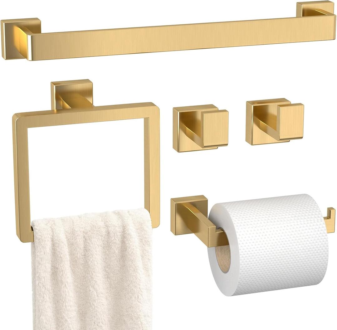 5-Pieces Gold Bathroom Accessories Set, 24 Inch Towel Bar Set
Stainless Steel, Towel Ring, Toilet Paper Holder, Robe Hooks, Towel Racks for Bathroom Wall Mounted, Bathroom Hardware Set
