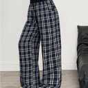 SOLY HUX Women's Plaid Pants Drawstring Elastic Waist Wide Leg Baggy Lounge Pants Casual Long Trousers (Blue, M)