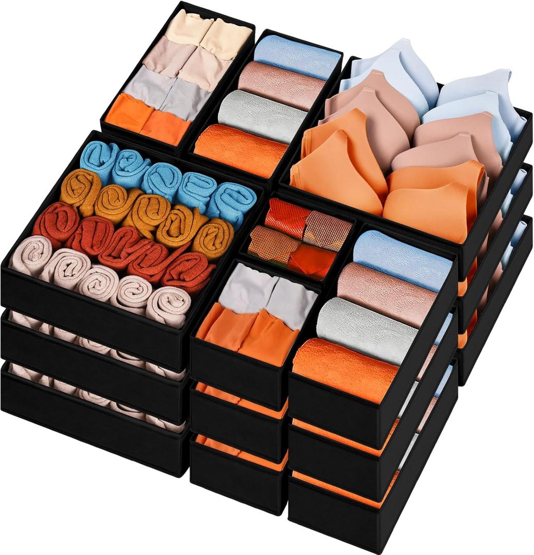 Criusia Closet Drawer Organizer Clothes, 15 Pack Dresser Organizer for Baby Clothes, Fabric Drawer Dividers for Nursery Bedroom (Black)