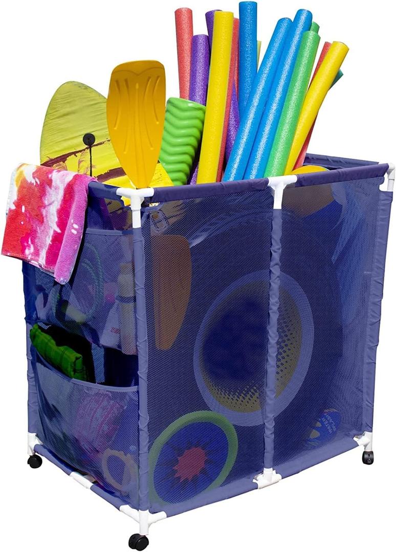 Pool Bins Outdoor Pool Floats, Balls, Toys and Equipment Rolling Mesh Organizer Storage Bin, Large (35" W x 25.4" L x 37.5" H), Blue/White
