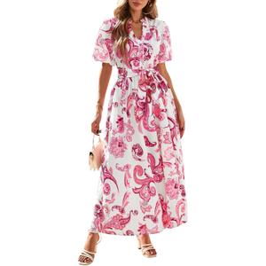 KIRUNDO Women Spring Summer Wedding Guest Boho Floral Maxi Dress Puff Sleeve Button Shirt V Neck Flowy Beach Vacation Dress (S)