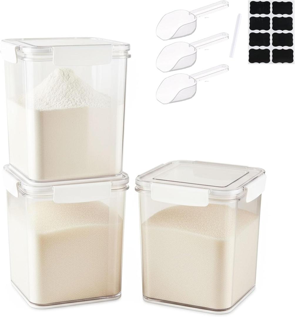 Set Of 3 Large Food Storage Jars 4L - Airtight Containers with Lids,Sugar and Flour Containers Set with Spoon,Kitchen Canisters for Sugar,Flour, Coffee,Pantry Organization Keeper(Clear-3 Pack)