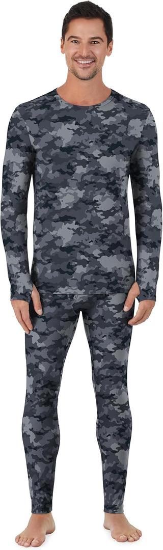 Cuddl Duds Mens Heavyweight Cold Weather Fleece Lined Thermal Set  Long Sleeve Shirt & Leggings  Lounge Sets for Men (Large, Black Camo)