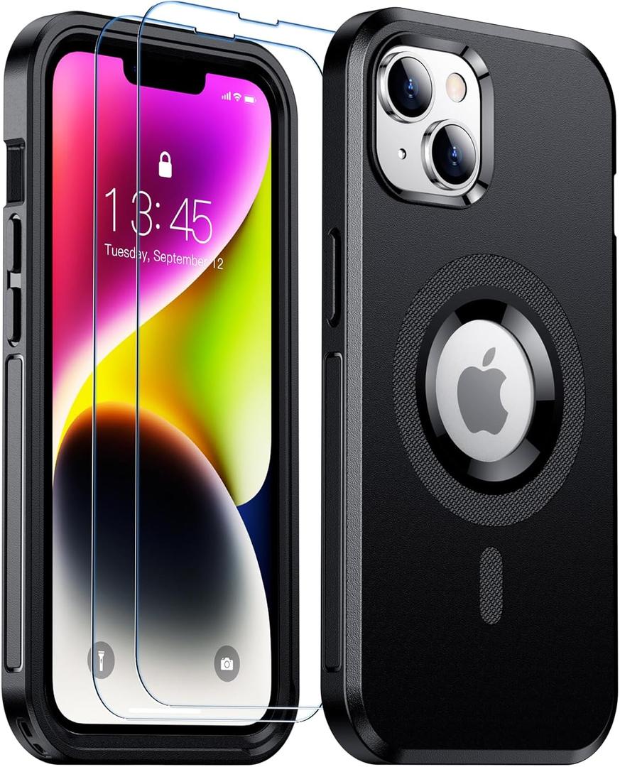 WAVELIFE for iPhone 14 Case,[Compatible with Magsafe][Military Grade Drop Protection][Non-Slip][2 Pcs Glass Screen Protectors] Dropproof Heavy Duty Shockproof Magnetic Phone Case-Black