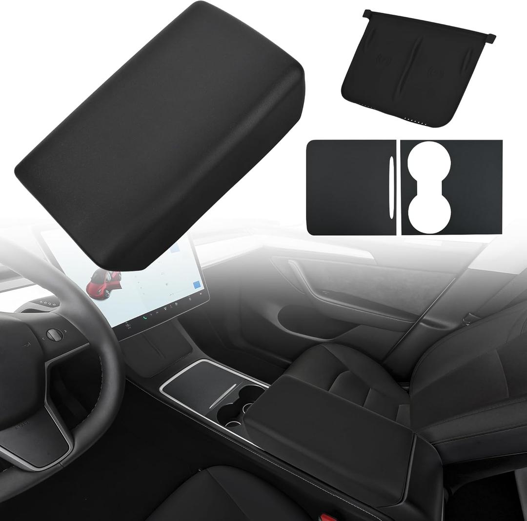 Tinlucys Center Console Protector Cover Designed for Tesla Model 3/Y 2021-2024(Not for Model 3 Highland),TPE Armrest Cover,Center Console Wrap Cover,Waterproof Wireless Charger Silicone Mat(Black Set)