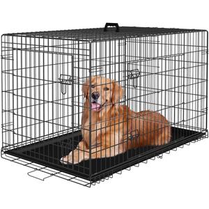 PayLessHere Large Dog Crate Kennel for Medium Large Dogs Metal Dog Cage Double-Door Folding Travel Indoor Outdoor Puppy Playpen with Divider and Handle Plastic Tray (48 Inch, Black)