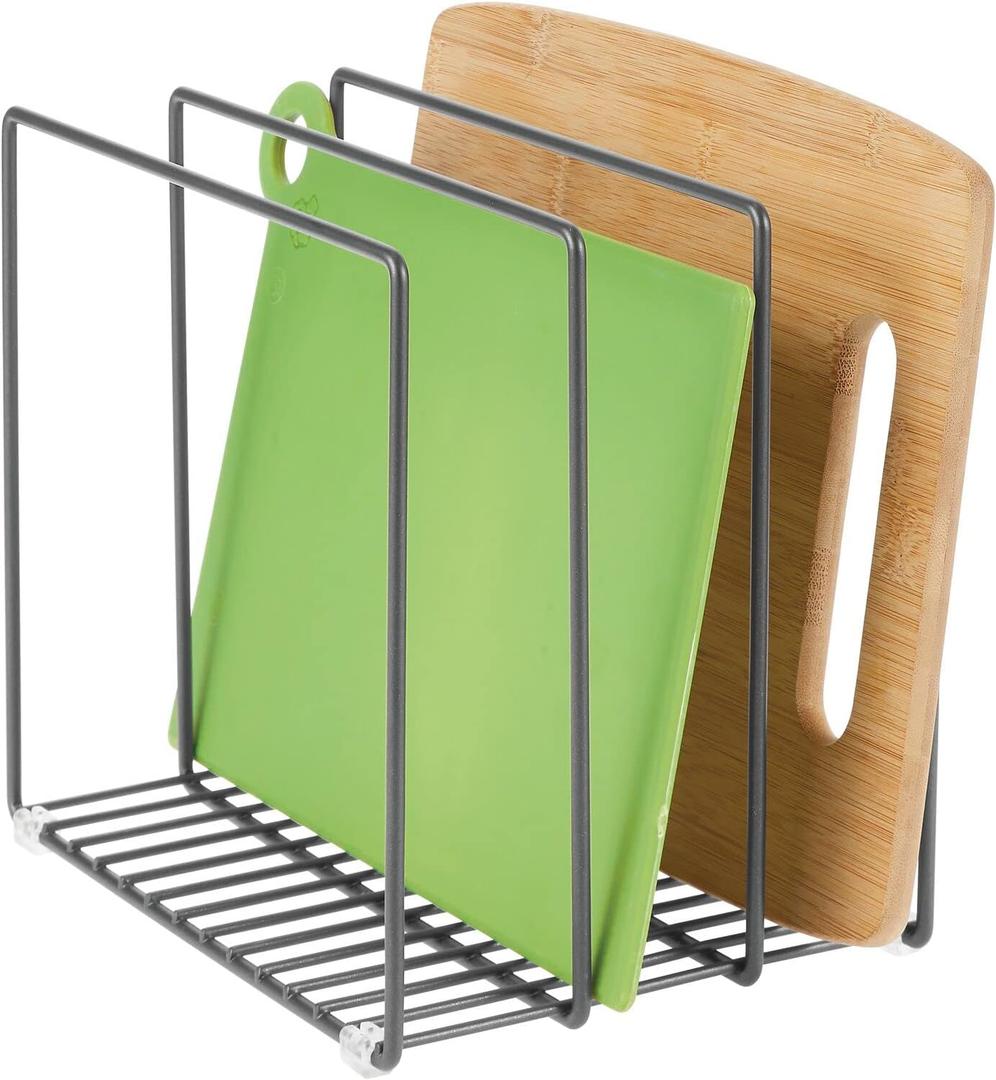 mDesign Steel Storage Tray Organizer Rack for Kitchen Cabinet - Divided Holder with 3 Slots for Skillets, Frying Pan, Pot Lids, Cutting Board, Baking Sheets - Concerto Collection - Graphite Gray