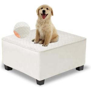 NeColorLife Waterproof Square Ottoman Cover,Thick Stretch Velvet Slipcover for Footstool,Non-Slip Soft Furniture Protector for Pets and Dogs,Beige,Small (S Length&Width:28"-32",Height:14"-20")