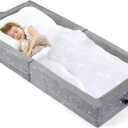Umoving Portable Toddler Travel Bed Foldable Soft Foam Floor Crib with Washable Cover, Built-in Safety Rails, No Assembly, Compact for Travel & Home Use, Grey