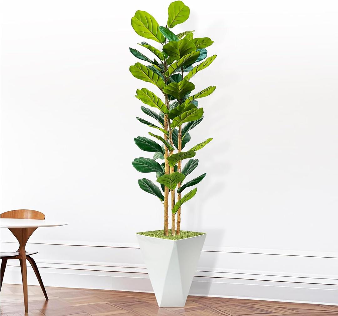 Artificial Fiddle Leaf Fig Tree with White Planter, 6ft Tall Fake Fig Trees with Natural Wood Trunk,Faux Plants Indoor for Office Home Living Room Decor, Housewarming Gift (White)