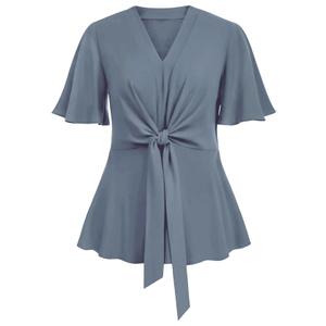 SCOMCHIC 2024 Women's Plus Size Peplum Tops Elegant V Neck Tie Front Bell Sleeve Flowy Blouses Shirts Grayish Blue 3XL
