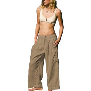 Women Linen Beach Pants Lightweight Cargo Sweatpants Wide Leg Elastic Waist Palazzo Pants Cover Up with Pockets (Small, Khaki)