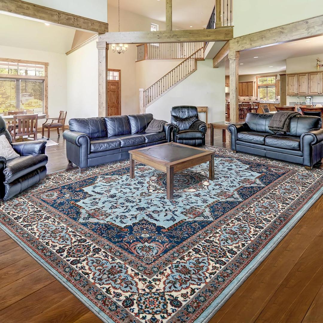 Area Rug for Living Room, 8x10Ft Machine Washable Large Blue Rugs for Dining Room, Non-Slip Vintage Carpet for Bedroom Office Dining Room Nursery Farmhouse