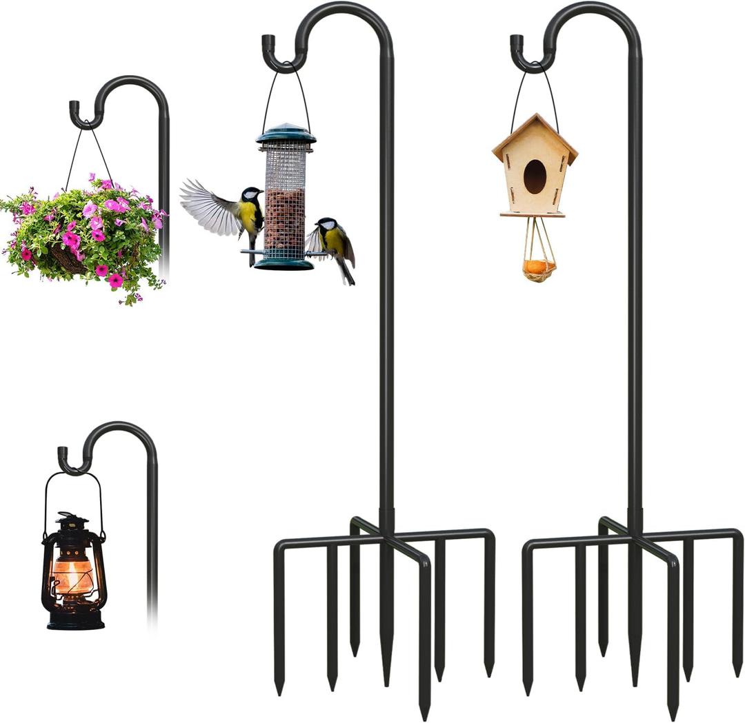 Breeze Touch 2Pack 76 Inch Adjustable Shepherd Hooks for Outdoor Outside, Heavy Duty with 7 Prongs Base, for Hanging Lantern, Hummingbird Feeder, Lightweight Plant, Wind Chime, Bird Feeder Hanger
