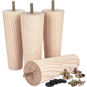 8 inch Unfinished Ash Wood Furniture Legs, LAVANE Set of 4 MidCentury Modern Tapered Wooden Replacement Feet with PreDrilled 5/16 Inch Bolt & Mounting Plates for Sofa Couch Bed Armchair Ottoman
