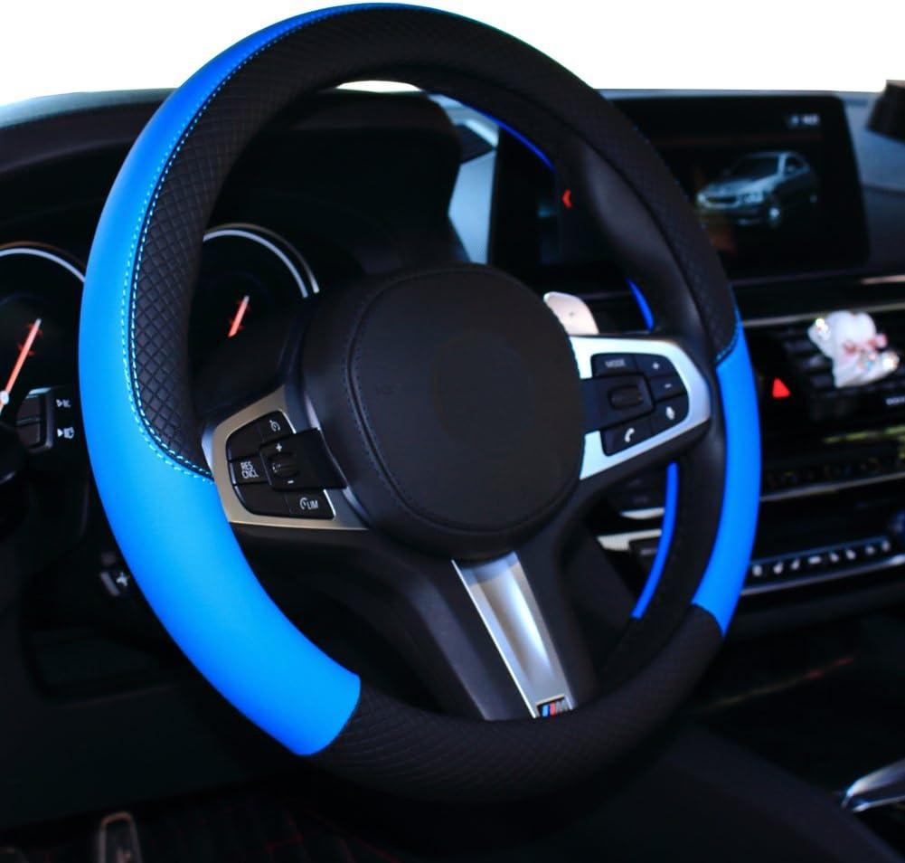 SHIAWASENA Car Steering Wheel Cover, Leather, Universal 15 Inch Fit, Anti-Slip & Odor-Free (Black&Blue)