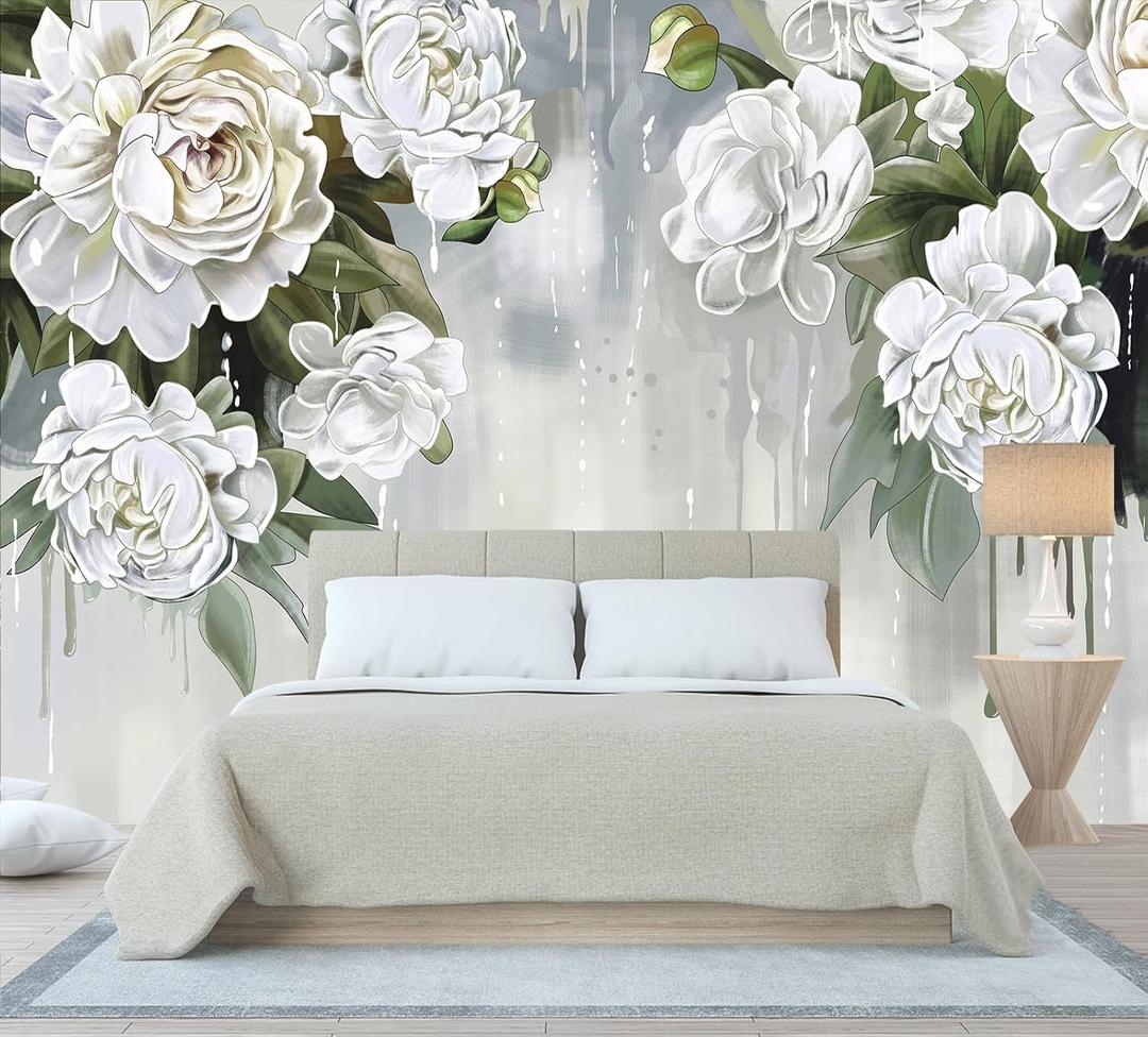 Vintage Floral Wallpaper Bedroom Hand-Painted White Peonies Flowers Wall Mural Children's Room (Not Peel and Stick) (106" x 70", Art Wall-63)