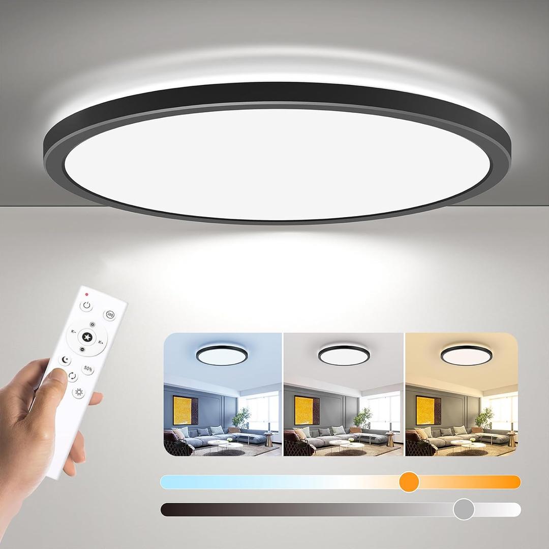 BLNAN Dimmable LED Flush Mount Ceiling Light Fixture with Remote Control, 12Inch 3000K-6500K Light Color Adjustable, Modern Ultra-Thin Ceiling Lamp for Bedroom Kitchen, Wired (Black)