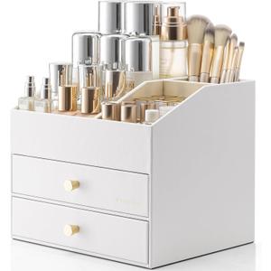 Vlando Makeup Organizer for Vanity, Large Capacity Countertop Organizer with Drawers, PU Leather Cosmetic Display Case for Lipstick, Brushes, Skincare, Nail polish and Bedroom Storage (White)