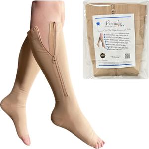 Presadee 30-40 mmHg Extra Firm Zipper Compression Leg Swelling Open Toe Socks (Nude, 1)
