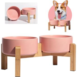 Elevated Ceramic Dog Bowl Set - Raised Dog Bowls with Non-Slip Bamboo Stand - Dog Food and Water Bowl Set - Double Dog Feeding Bowls - Suitable for Small and Medium Dogs - 28.74 OZ - 3.6 CUPS - 850 ML (Pink)