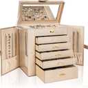 AKOZLIN Huge Jewelry Box Organizer Functional Extra Large Leather Jewelry Storage Case for Women Girls Ring Necklace Earring Bracelet Holder Organizer with Mirror (Champagne)