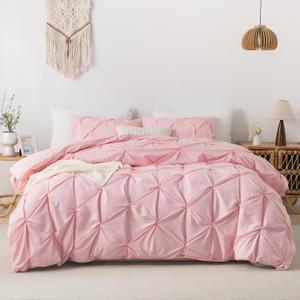 Litanika Pink Pinch Pleat Duvet Cover Full(79x90Inch), 3 Pieces(1 Duvet Cover, 2 Pillowcases) Luxurious Pintuck Bedding Set, Soft Microfiber with Zipper Closure & Corner Ties