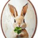 Jinhaichen Vintage Easter Bunny Oval Wall Art Framed, Easter Clover Oval Wall Decor, Rustic Cottagecore Farmhouse Hanging Canvas Prints for Bedroom Living Room Decoration, 8.6x11.4 Inch