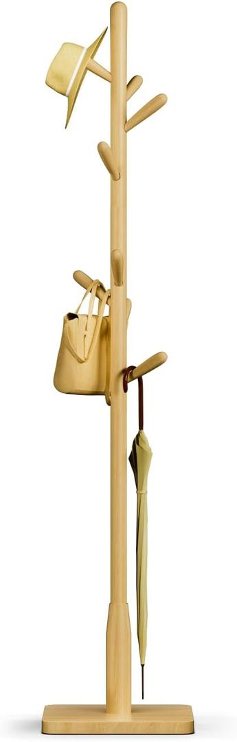 Solid Wood Square Base Coat Rack, Free Standing Hall Coat Tree with 8 Hooks+2 spare) for Coats, Hats, Bags, Purses, for Entryway, Hallway, Rubberwood Hooks,Base and Pole,(Square Base, Natural Beige)