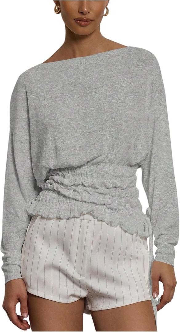 Verdusa Women's Shirred Cinched Waist Tops Drawstring Boat Neck Going Out T Shirts (Medium, Grey)