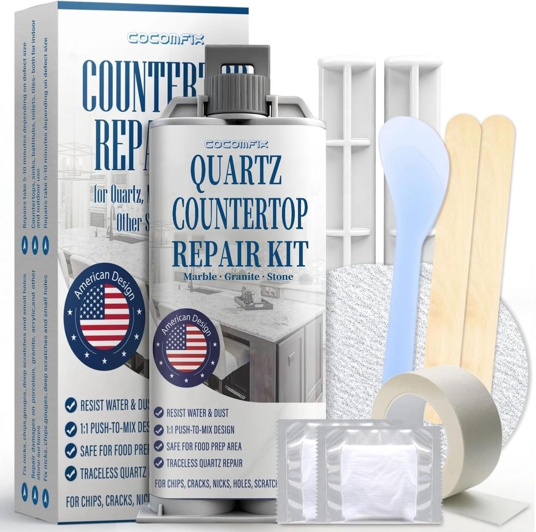 Quartz Countertop Repair Kit(White), Quick-Drying, Permanent Fix for Edge Chips, Cracks, Scratches, Nicks on Quartz, Granite, Marble, Porcelain and Other Natural Stone Surfaces