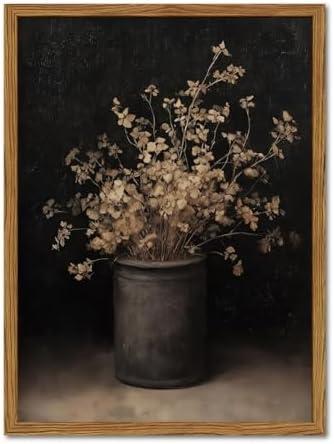 Framed Vintage Floral Wall Art, Rustic Dark Moody Flower Paintings Wall Decor, Retro Farmhouse Botanical Pictures Canvas Prints Neutral Aesthetic Home Decor for Living Room Bedroom 16x24inch