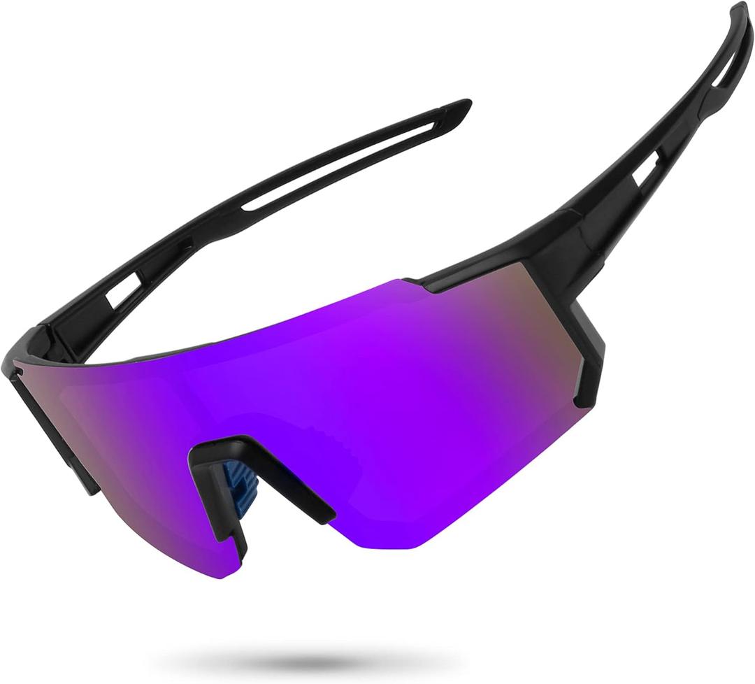 STORYCOAST Polarized Sports Sunglasses for Men Women,Driving Fishing Cycling Mountain Bike Sunglasses UV400 Protection (1-(a)black Frame-purple Mirror Lens)