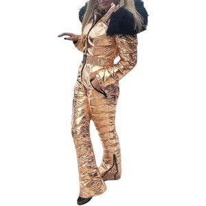 Aurgelmir Womens Winter Ski Suit Fur Collar Coat Windproof Waterproof Warm Ski Jumpsuit Snowsuits (Large, Gold)