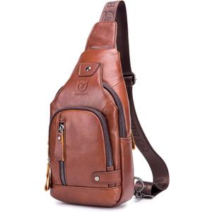 BULLCAPTAIN Leather Sling Bag Mens Chest Bag Casual Shoulder Crossbody Bags Travel Hiking Backpacks Daypack with USB Charging Port (Brown)