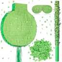 Gemscream 18 Inch Large Round Green Piñata Kit with Stick Blindfold and Confetti Glitter Blank DIY Piñata for Birthday Party Game Wedding Carnival Party Supplies