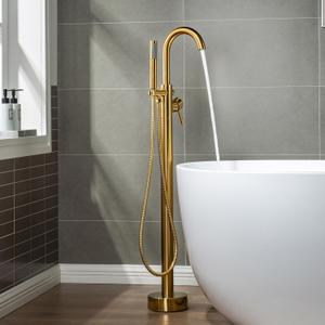 WOODBRIDGE F0007 BG Freestanding Tub Filler Bathtub Floor Mount Brass Bathroom Faucets with Hand Shower, F-0007 Golden, Brushed Gold