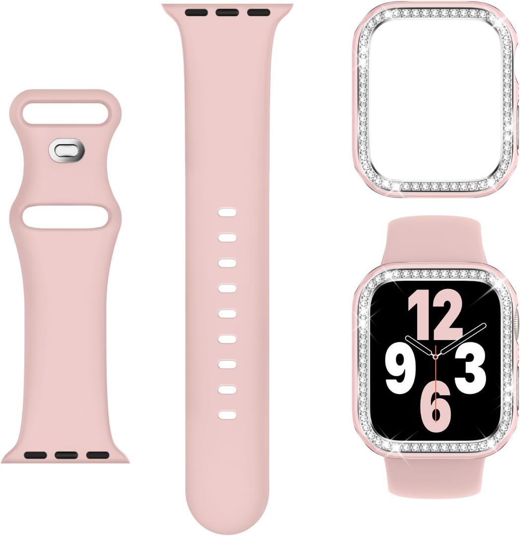3-in-1 Compatible for Apple Watch Band 40mm 41mm 42mm 44mm 45mm 46mm, Soft Silicone Sport Strap for iWatch Series SE 10 9 8 7 6 5 4 3 (Pink with Bling Bumper Case)