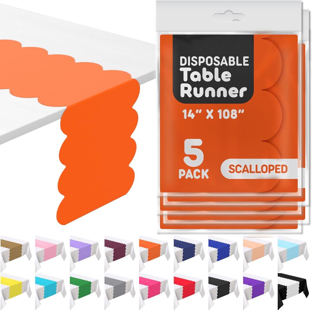 Swanoo Orange Plastic Disposable Table Runner. 5 Pack 14 x 108 inch. Scallop Table Runner Adds A Pop of Color to Your Party Table