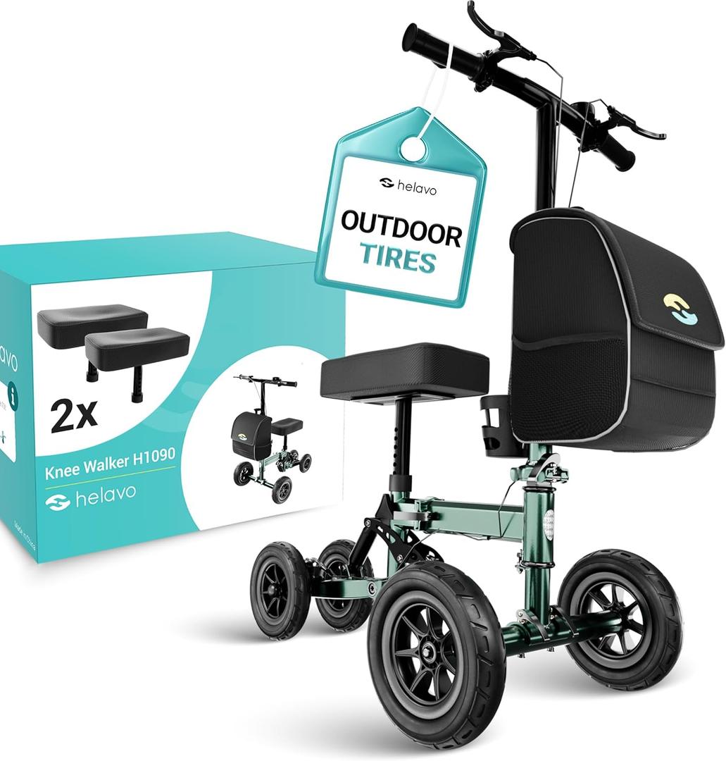 Helavo Adjustable Knee Scooter for Adults with Suspension, All-Terrain 10" Rubber Front Wheels, Scooter for Broken Foot - 350 lbs Capacity, Compact Crutches Alternative with 2 Knee Pads Included (Green)