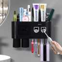 Multifunctional Wall-Mounted Toothbrush Holder, Automatic Toothpaste Dispenser Space Saving Toothbrush and Toothpaste Holder, with 2 Cups and Drawers Cosmetic Organizer (Black 2 Dispensers)